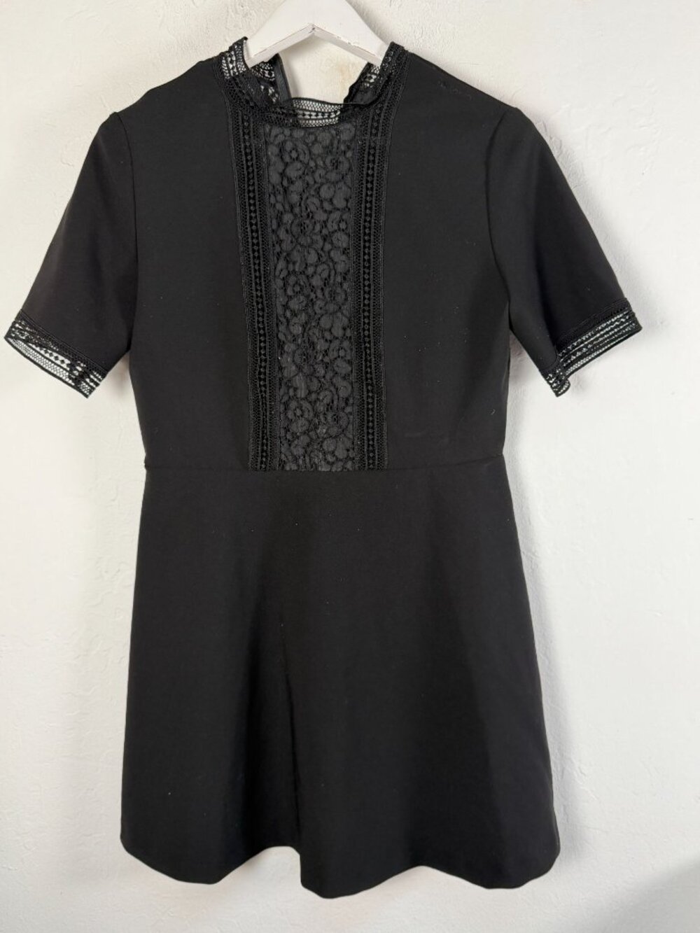 Zara Woman Black Short Sleeve A-Line Mini Dress Lace Trim Large High Neck Gothic